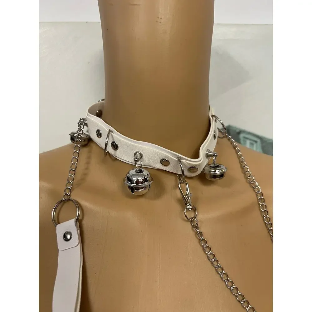 Punk Goth White PU Leather Choker Collar with Bells and Leash Set